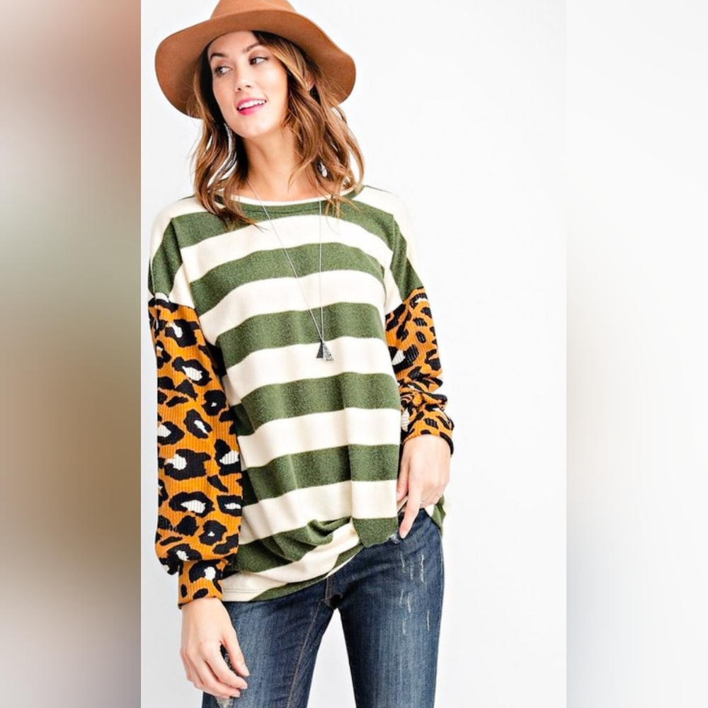 Rae Mode Leopard Sleeve Stripe Top | Olive Camel Colorblock Sweater Tee S–3X NWT